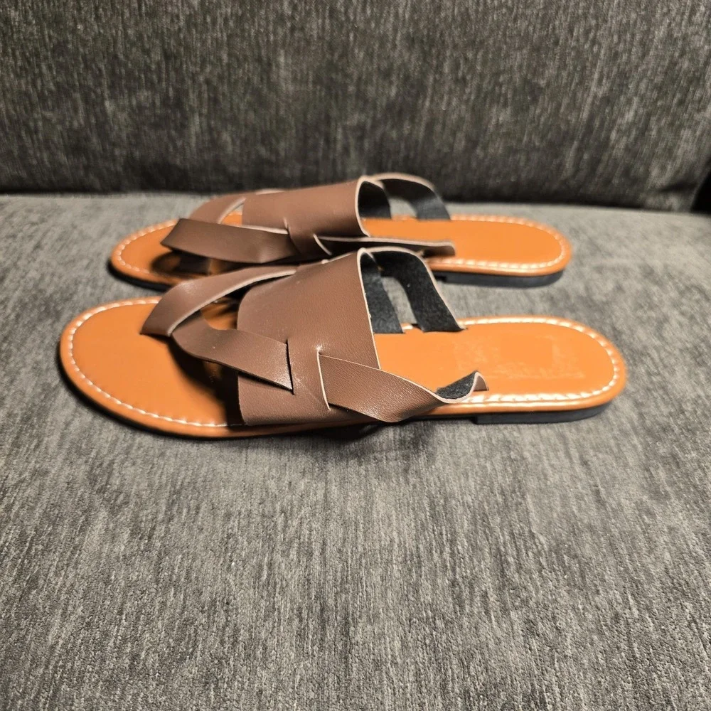 Brown Crisscross Toe‎ Loop Flat Slide Sandals Women Sz 10.5 Cognac Strappy Shoes